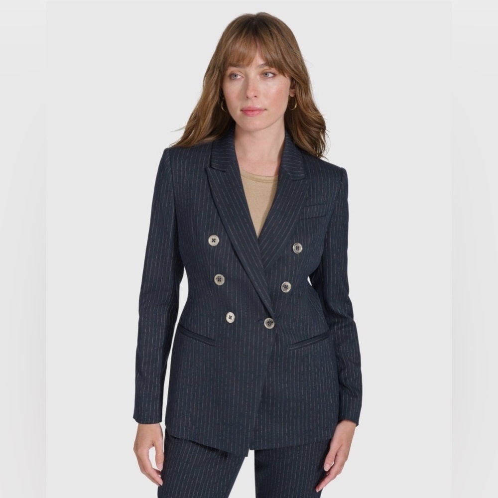 NWOT Tommy Hilfiger Navy Metallic Gold Pinstripe Double-Breasted Blazer Size 4